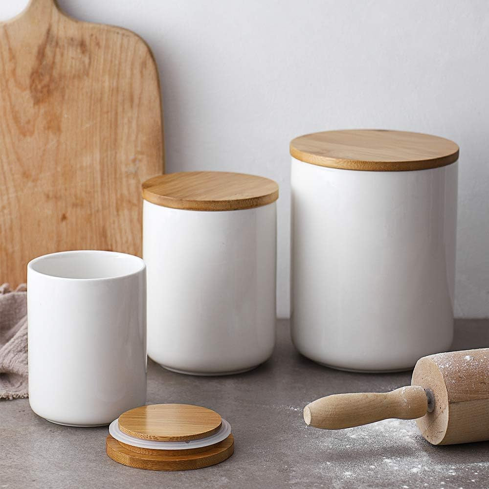 White Kitchen Canister, Airtight Food Storage Ceramic Jar with Wooden Lid, 14 FL OZ (400 ML) Portable Canister for Tea, Sugar, Ground Coffee, Spices, 3.15 X 3.93 Inches