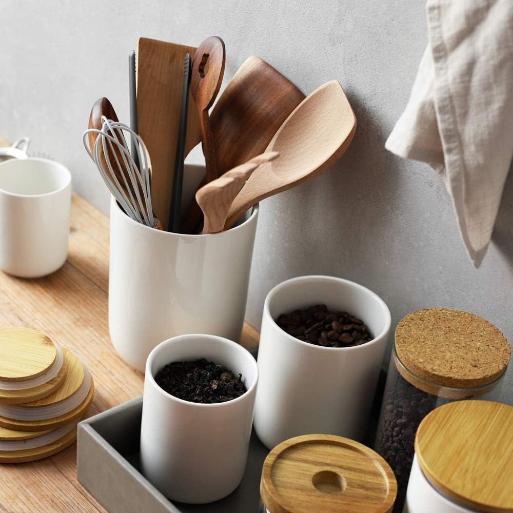 White Kitchen Canister, Airtight Food Storage Ceramic Jar with Wooden Lid, 14 FL OZ (400 ML) Portable Canister for Tea, Sugar, Ground Coffee, Spices, 3.15 X 3.93 Inches