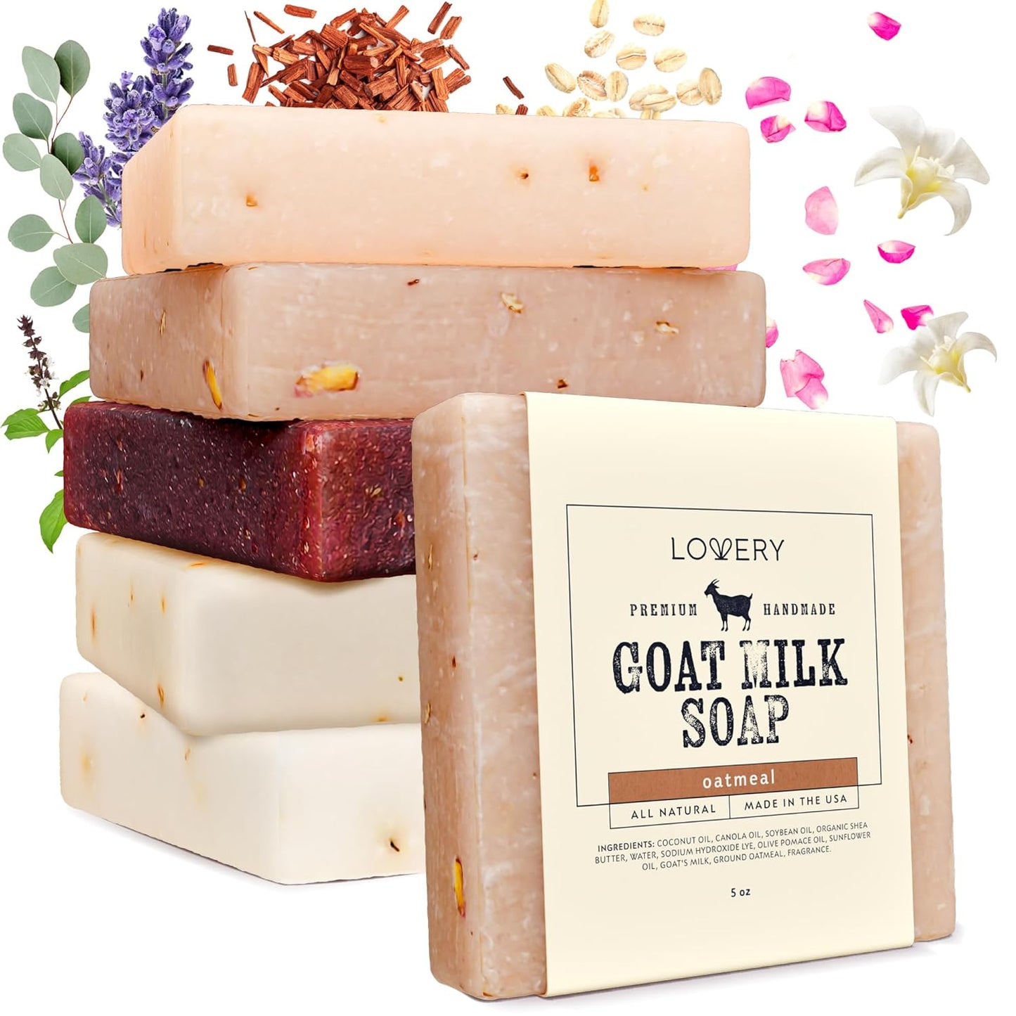 Goat Milk Soap with Organic Shea Butter - Goats Milk Soap Bars - Oatmeal, Eucalyptus Lavender, Moroccan Vanilla, Hydrangea Rose, Patchouli Sandalwood, All Natural Soap Bar, 5 Pack