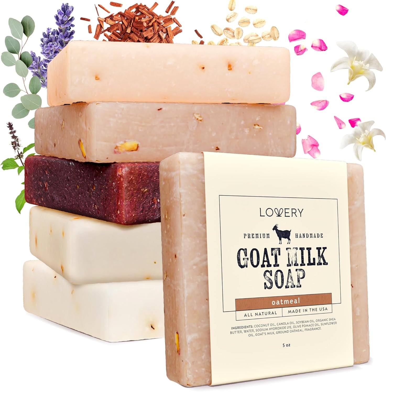 Goat Milk Soap with Organic Shea Butter - Goats Milk Soap Bars - Oatmeal, Eucalyptus Lavender, Moroccan Vanilla, Hydrangea Rose, Patchouli Sandalwood, All Natural Soap Bar, 5 Pack