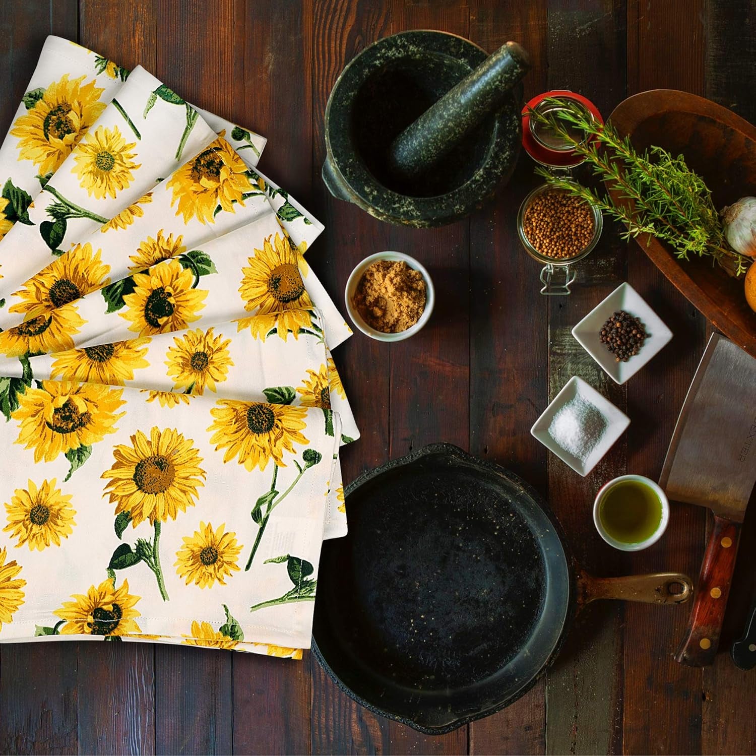 Dinner Napkins Sunflower Print Cloth Napkins (Set of 12) Oversized 20X20 Inches 100% Cotton Premium Quality Soft Durable with Mitered Corners Reusable Washable Everyday Use Parties Napkins