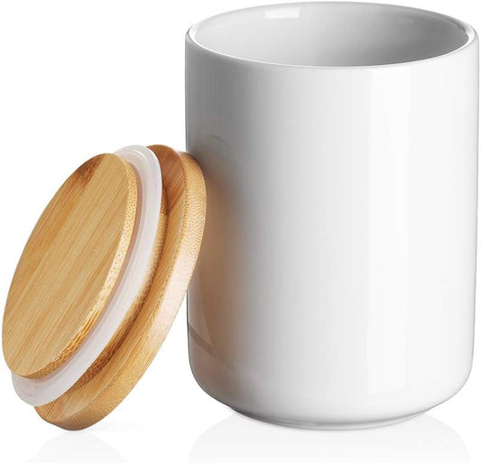 White Kitchen Canister, Airtight Food Storage Ceramic Jar with Wooden Lid, 14 FL OZ (400 ML) Portable Canister for Tea, Sugar, Ground Coffee, Spices, 3.15 X 3.93 Inches