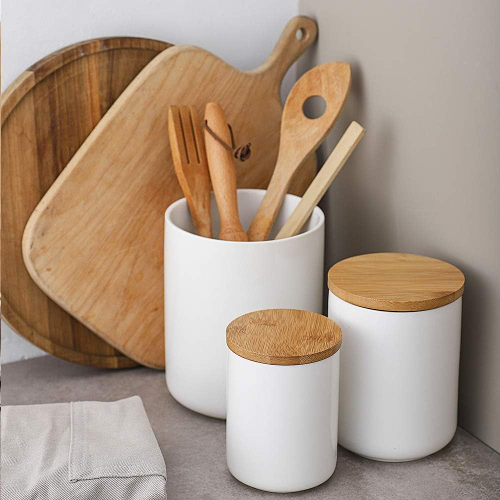 White Kitchen Canister, Airtight Food Storage Ceramic Jar with Wooden Lid, 14 FL OZ (400 ML) Portable Canister for Tea, Sugar, Ground Coffee, Spices, 3.15 X 3.93 Inches