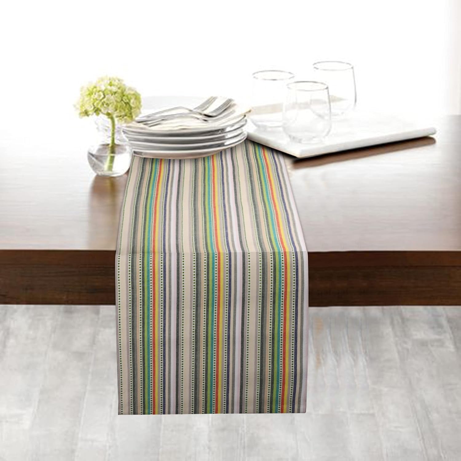 Table Runner 100% Cotton Fused Table Runner Multi Dobby Stripes 14''X72'' over Sized Beige Multi Color Table Runner Heavier Quality Christmas Runners