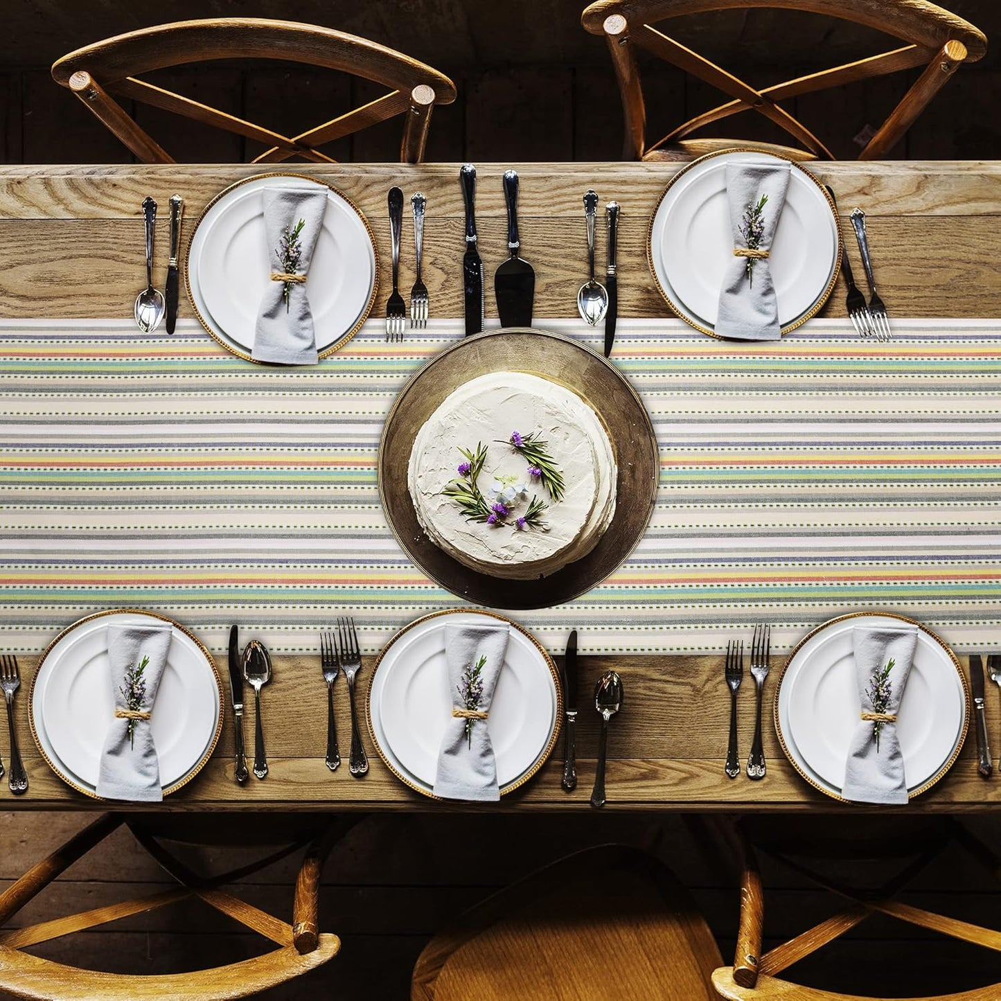 Table Runner 100% Cotton Fused Table Runner Multi Dobby Stripes 14''X72'' over Sized Beige Multi Color Table Runner Heavier Quality Christmas Runners