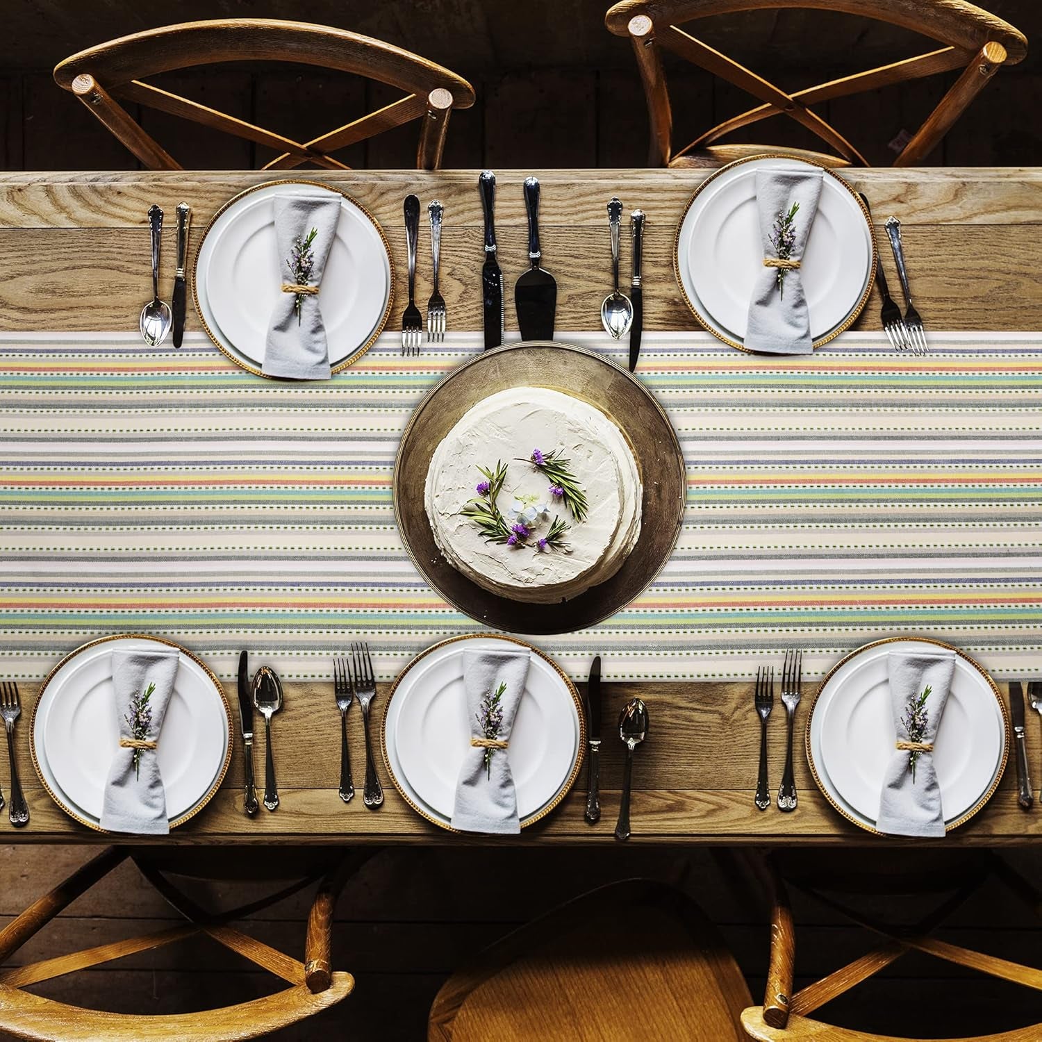 Table Runner 100% Cotton Fused Table Runner Multi Dobby Stripes 14''X72'' over Sized Beige Multi Color Table Runner Heavier Quality Christmas Runners
