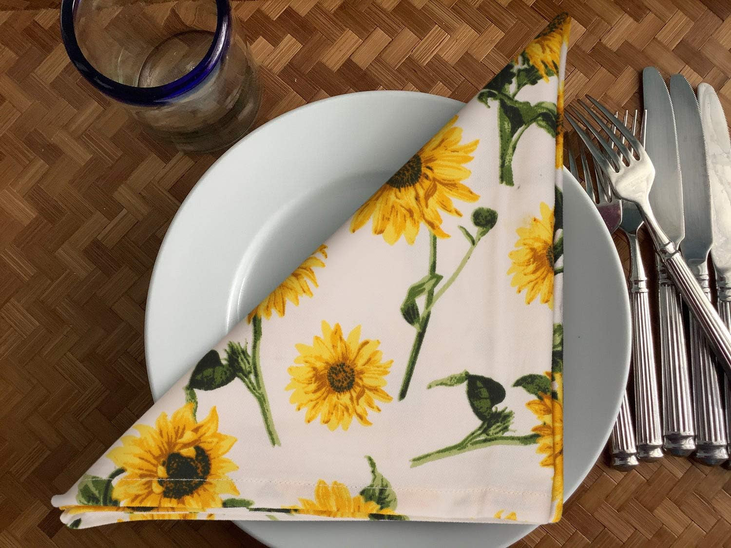 Dinner Napkins Sunflower Print Cloth Napkins (Set of 12) Oversized 20X20 Inches 100% Cotton Premium Quality Soft Durable with Mitered Corners Reusable Washable Everyday Use Parties Napkins