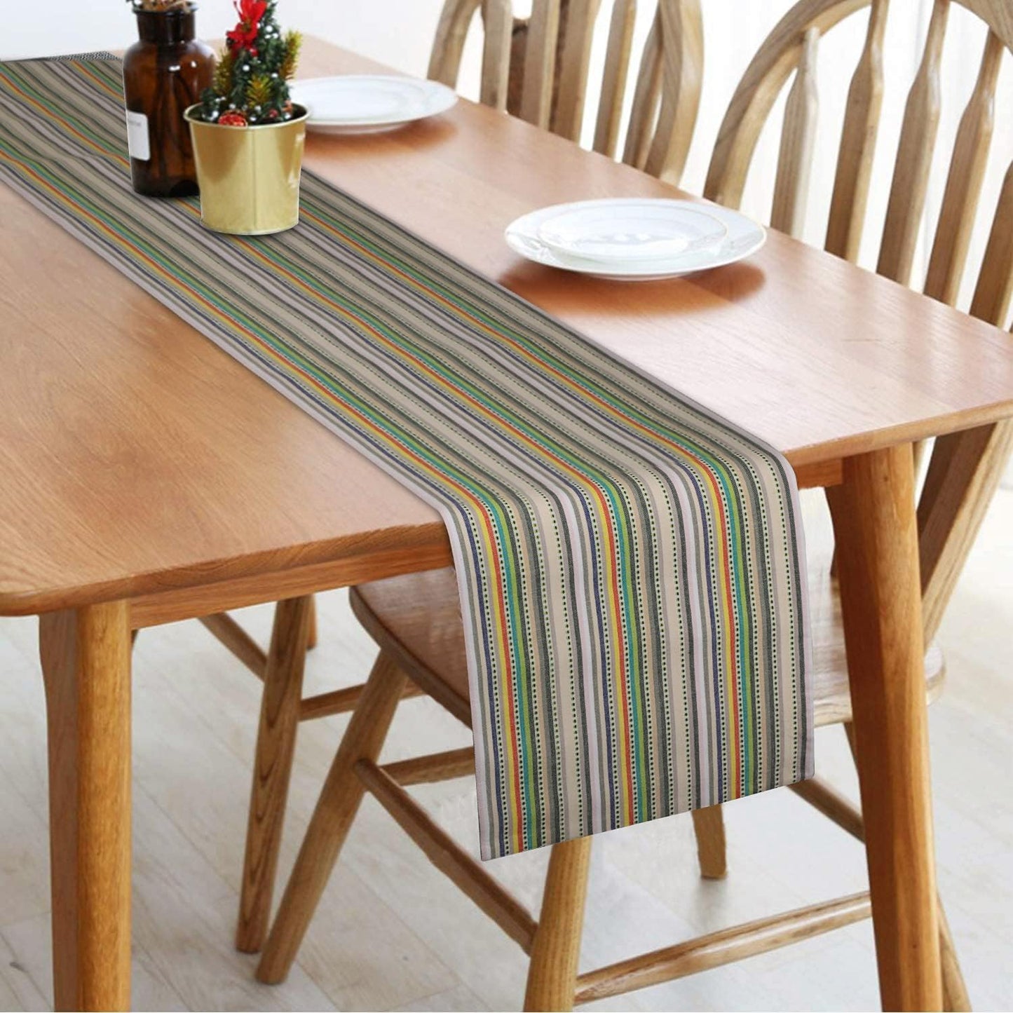 Table Runner 100% Cotton Fused Table Runner Multi Dobby Stripes 14''X72'' over Sized Beige Multi Color Table Runner Heavier Quality Christmas Runners