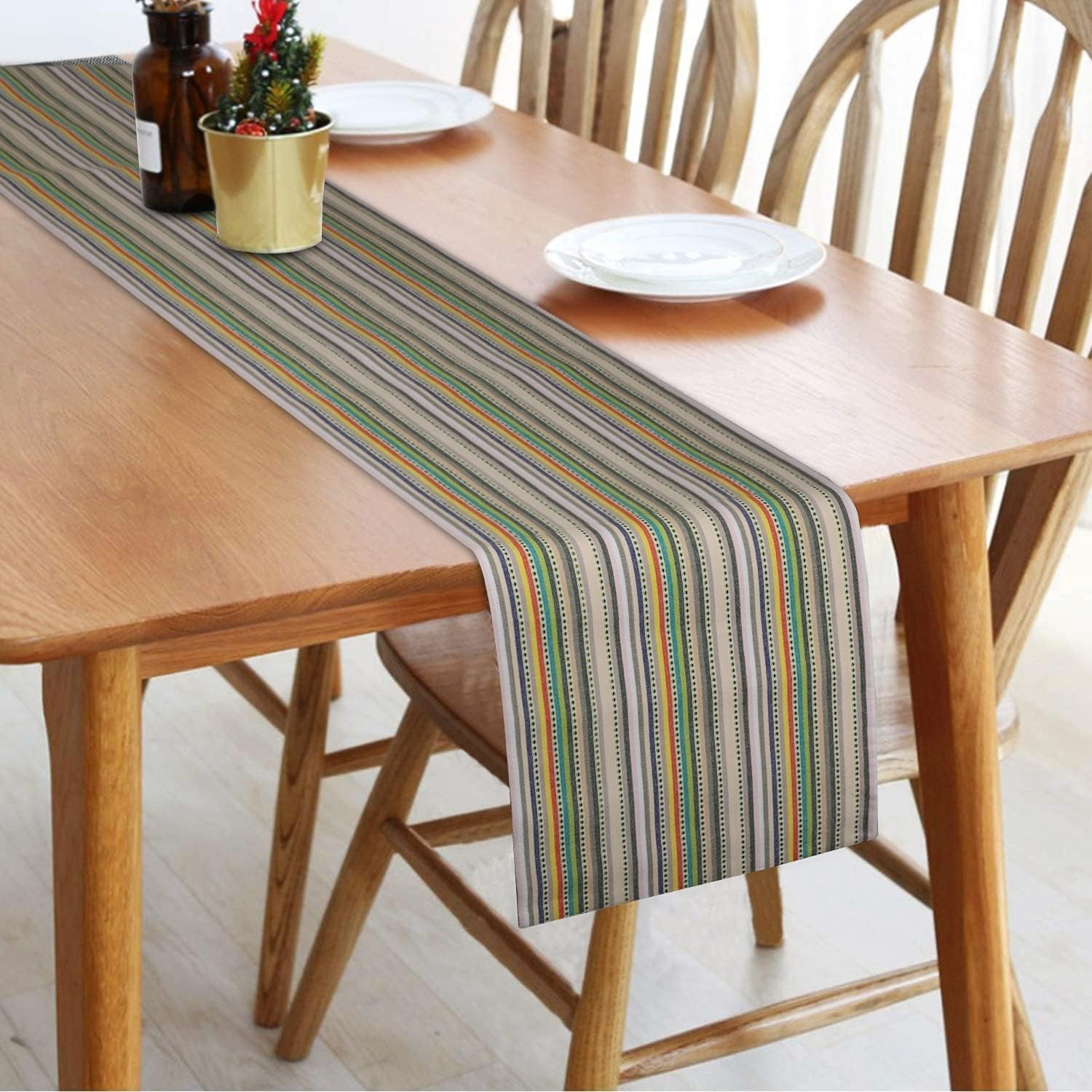 Table Runner 100% Cotton Fused Table Runner Multi Dobby Stripes 14''X72'' over Sized Beige Multi Color Table Runner Heavier Quality Christmas Runners